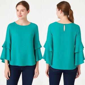 Turquoise Tiered Bell Sleeve Blouse Keyhole Back Size L